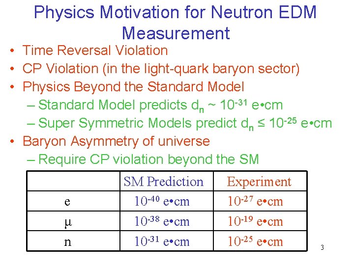 Physics Motivation for Neutron EDM Measurement • Time Reversal Violation • CP Violation (in