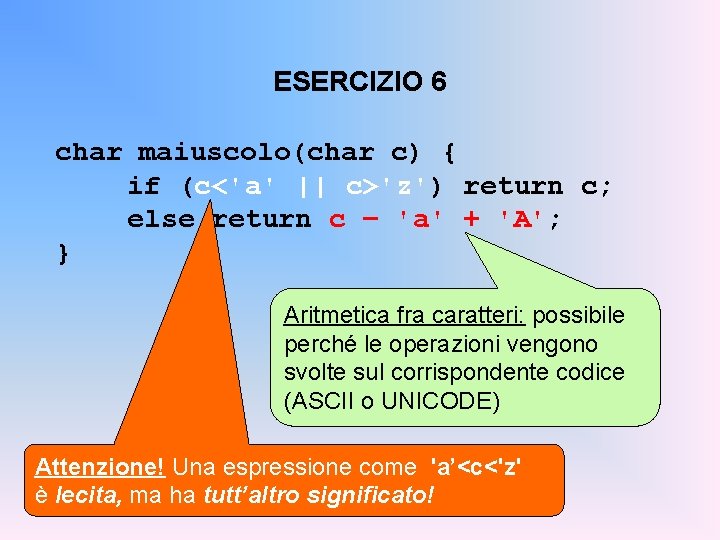 ESERCIZIO 6 char maiuscolo(char c) { if (c<'a' || c>'z') return c; else return