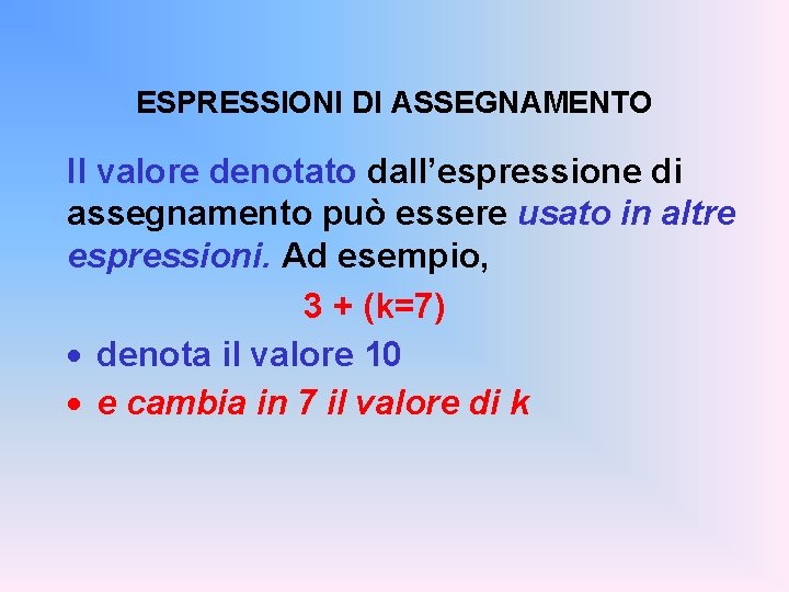 ESPRESSIONI DI ASSEGNAMENTO Il valore denotato dall’espressione di assegnamento può essere usato in altre