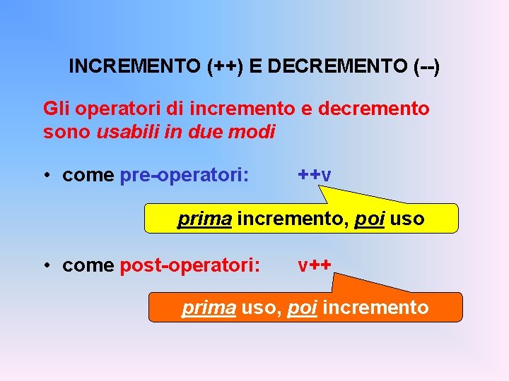 INCREMENTO (++) E DECREMENTO (--) Gli operatori di incremento e decremento sono usabili in