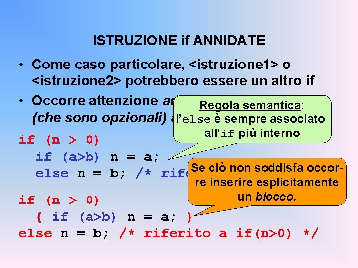 ISTRUZIONE if ANNIDATE • Come caso particolare, <istruzione 1> o <istruzione 2> potrebbero essere