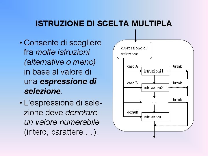 ISTRUZIONE DI SCELTA MULTIPLA • Consente di scegliere fra molte istruzioni (alternative o meno)