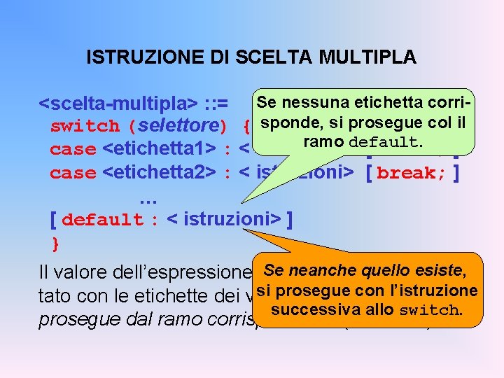 ISTRUZIONE DI SCELTA MULTIPLA <scelta-multipla> : : = Se nessuna etichetta corriswitch (selettore) {