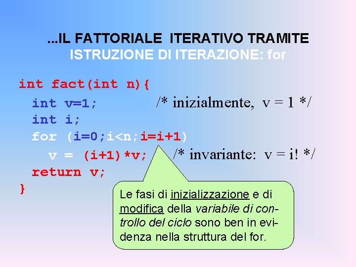 . . . IL FATTORIALE ITERATIVO TRAMITE ISTRUZIONE DI ITERAZIONE: for int fact(int n){
