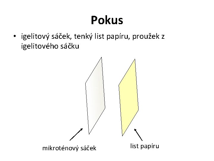 Pokus • igelitový sáček, tenký list papíru, proužek z igelitového sáčku mikroténový sáček list