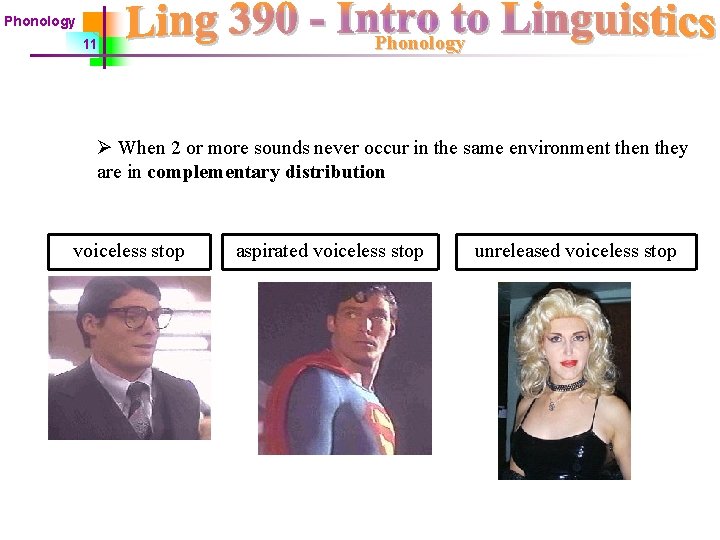 Phonology 11 Phonology Ø When 2 or more sounds never occur in the same