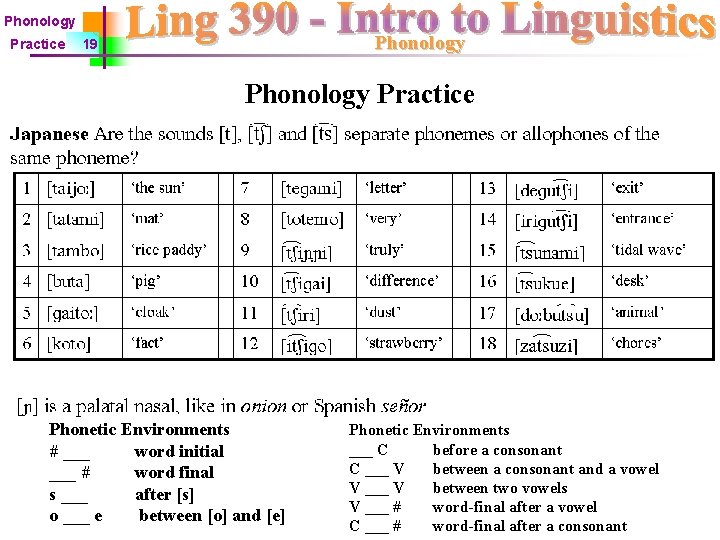 Phonology Practice Phonology 19 Phonology Practice Phonetic Environments # ___ word initial ___ #