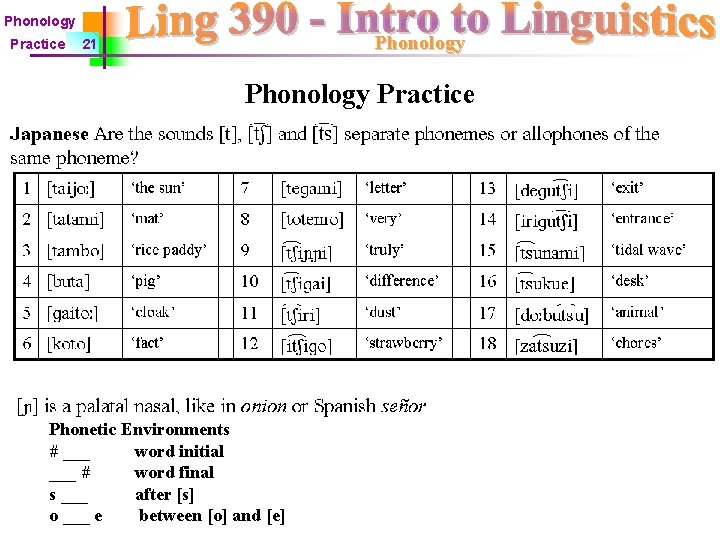 Phonology Practice Phonology 21 Phonology Practice Phonetic Environments # ___ word initial ___ #