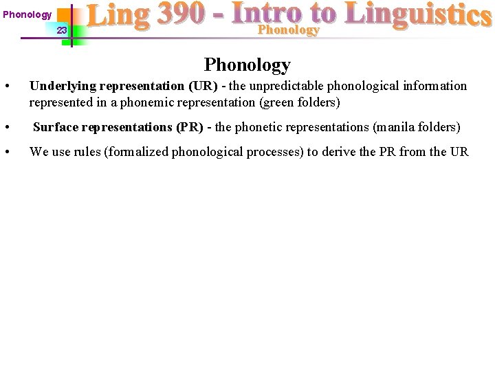 Phonology 23 Phonology • Underlying representation (UR) - the unpredictable phonological information represented in