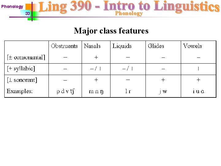 Phonology 33 Phonology Major class features 