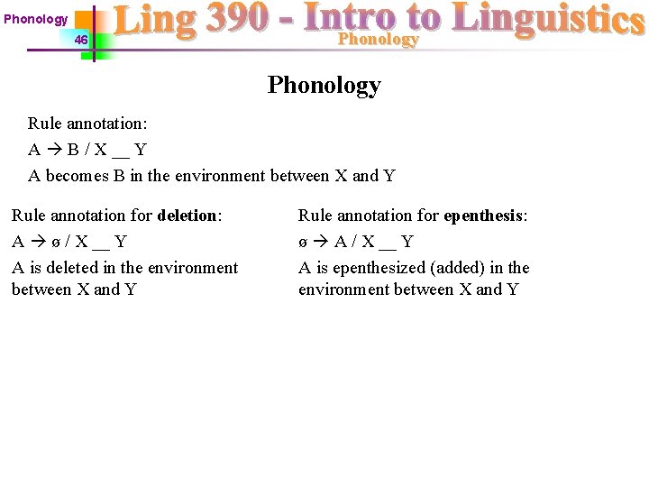 Phonology 46 Phonology Rule annotation: A B / X __ Y A becomes B