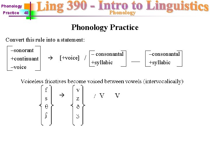 Phonology Practice Phonology 48 Phonology Practice Convert this rule into a statement: –sonorant +continuant