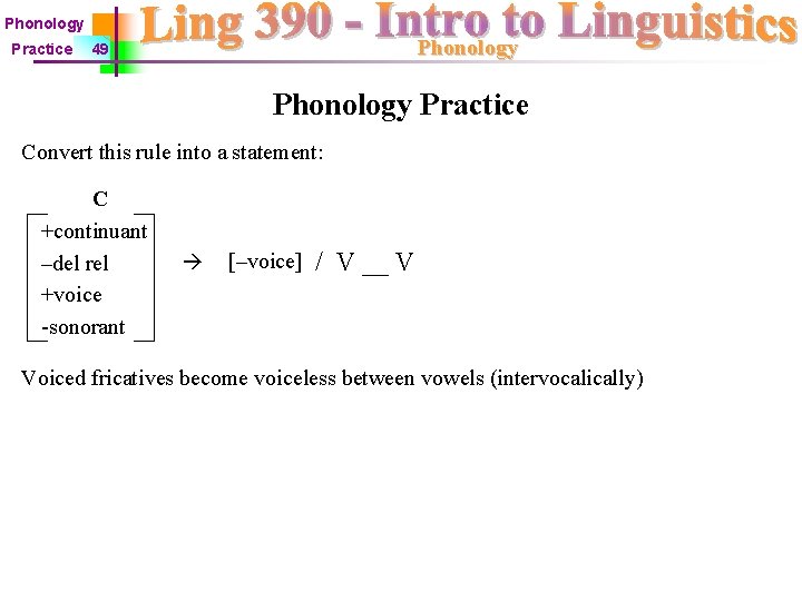 Phonology Practice Phonology 49 Phonology Practice Convert this rule into a statement: C +continuant