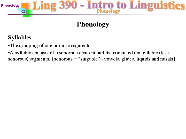 Phonology 52 Phonology Syllables • The grouping of one or more segments • A