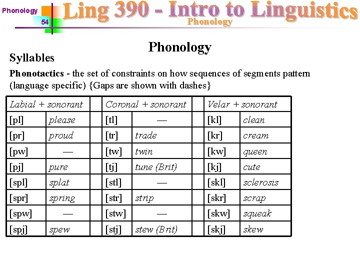 Phonology 54 Phonology Syllables Phonotactics - the set of constraints on how sequences of