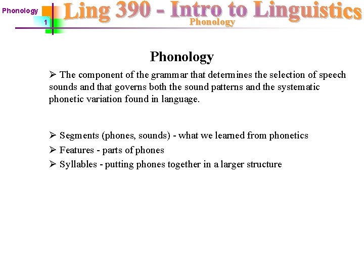 Phonology 1 Phonology Ø The component of the grammar that determines the selection of