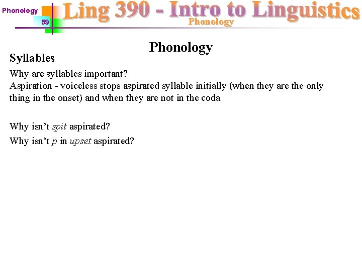 Phonology 59 Syllables Phonology Why are syllables important? Aspiration - voiceless stops aspirated syllable