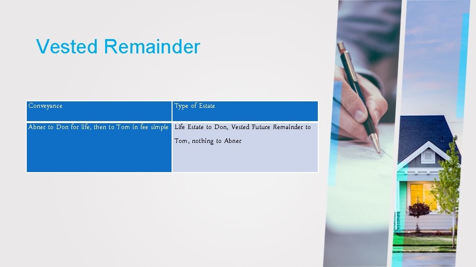Vested Remainder Conveyance Type of Estate Abner to Don for life, then to Tom