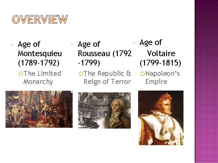  Age of Montesquieu (1789 -1792) The Limited Monarchy Age of Voltaire Rousseau (1792