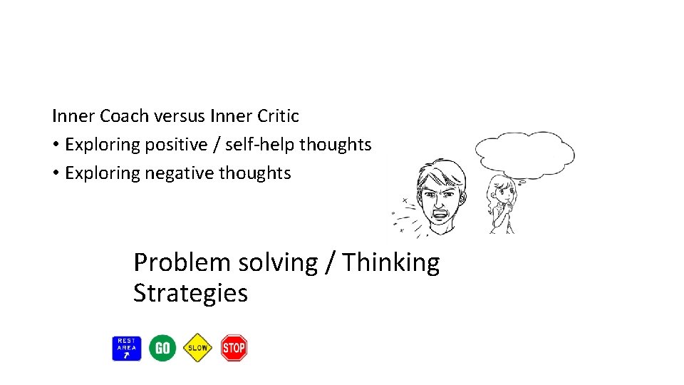 Inner Coach versus Inner Critic • Exploring positive / self-help thoughts • Exploring negative