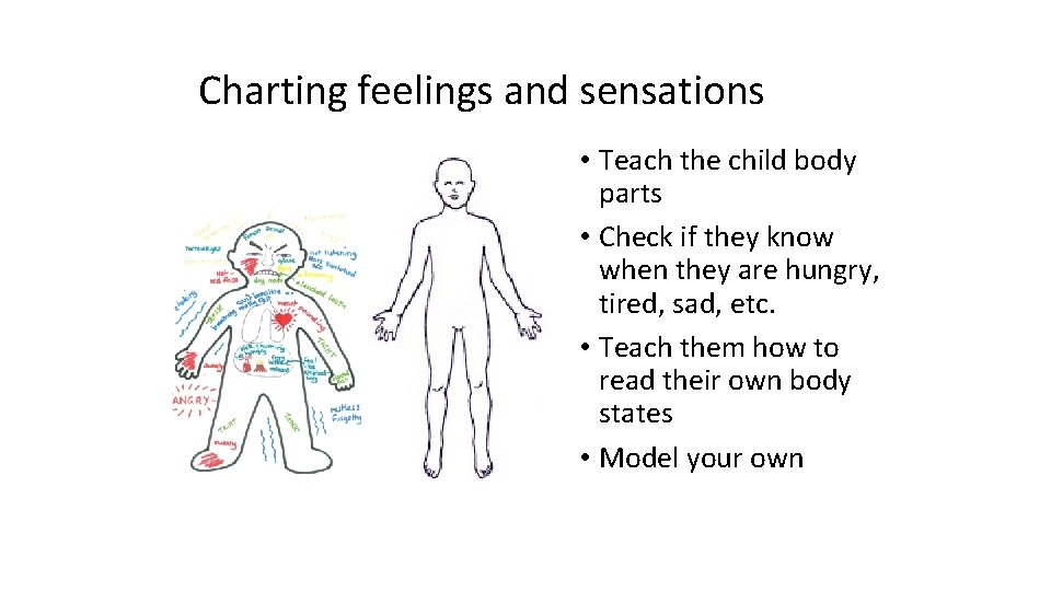 Charting feelings and sensations • Teach the child body parts • Check if they