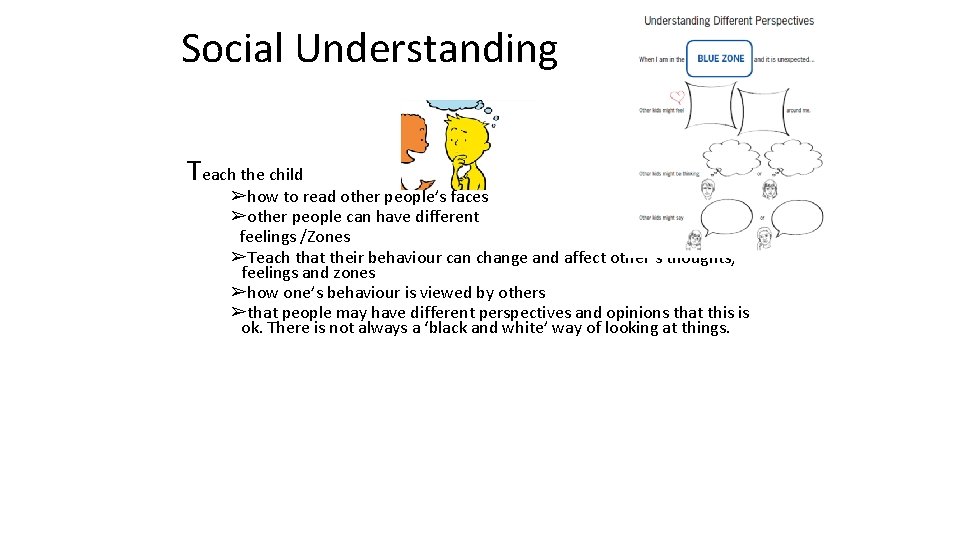 Social Understanding Teach the child ➢how to read other people’s faces ➢other people can