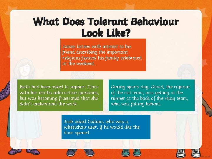 What Does Tolerant Behaviour Look Like? James listens with interest to his friend describing What Does Tolerant Behaviour Look Like? James listens with interest to his friend describing