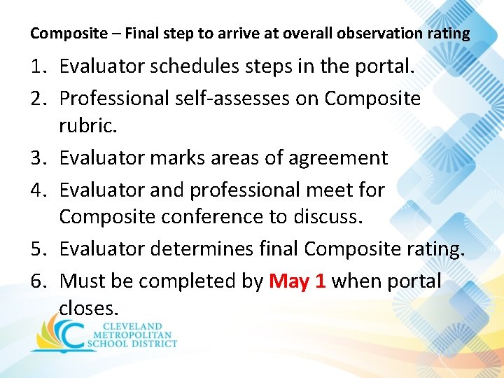 Composite – Final step to arrive at overall observation rating 1. Evaluator schedules steps Composite – Final step to arrive at overall observation rating 1. Evaluator schedules steps