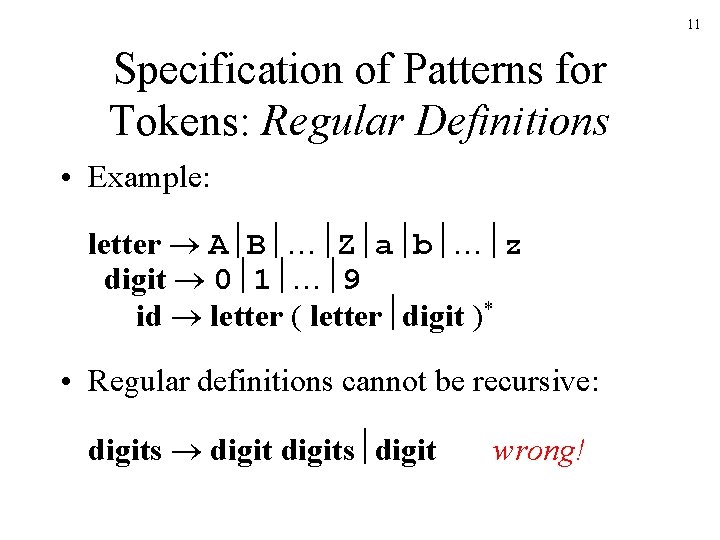 11 Specification of Patterns for Tokens: Regular Definitions • Example: letter A B …