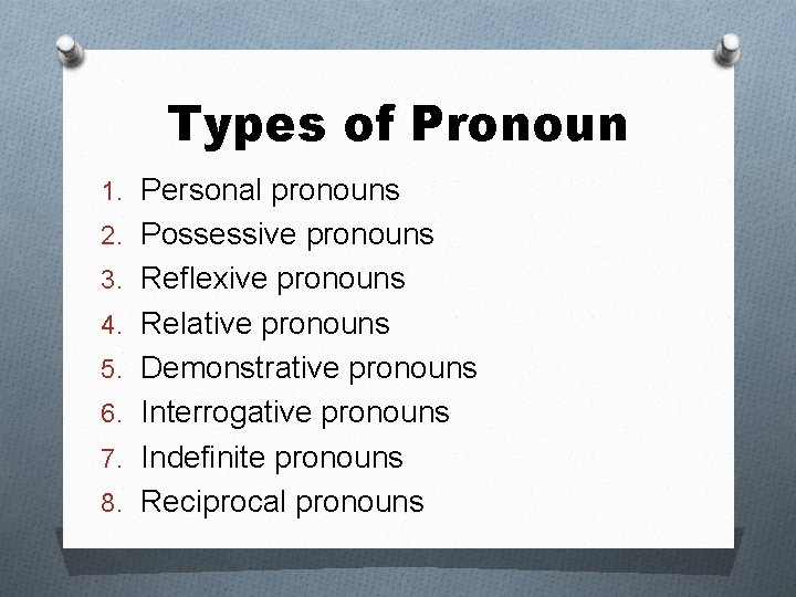 Types of Pronoun 1. Personal pronouns 2. Possessive pronouns 3. Reflexive pronouns 4. Relative