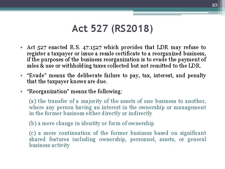 10 Act 527 (RS 2018) • Act 527 enacted R. S. 47: 1527 which