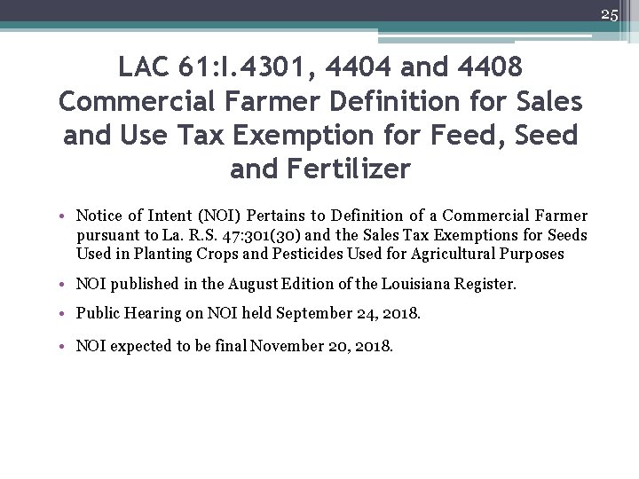 25 LAC 61: I. 4301, 4404 and 4408 Commercial Farmer Definition for Sales and