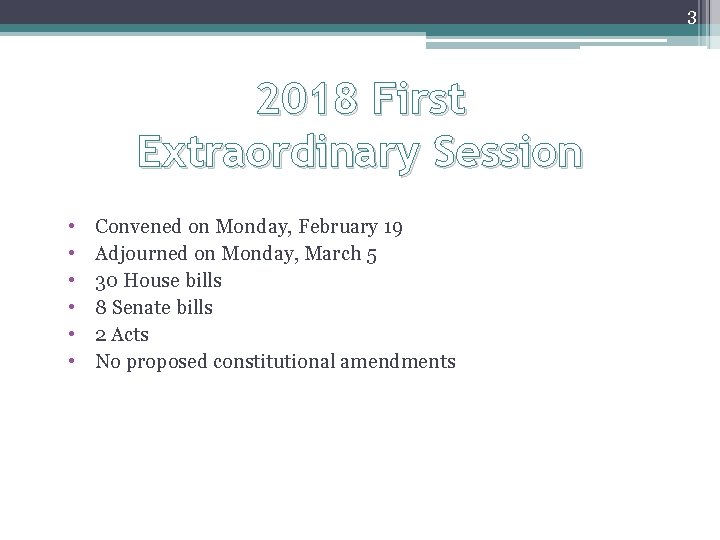 3 2018 First Extraordinary Session • • • Convened on Monday, February 19 Adjourned