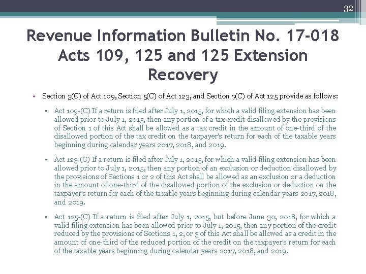 32 Revenue Information Bulletin No. 17 -018 Acts 109, 125 and 125 Extension Recovery