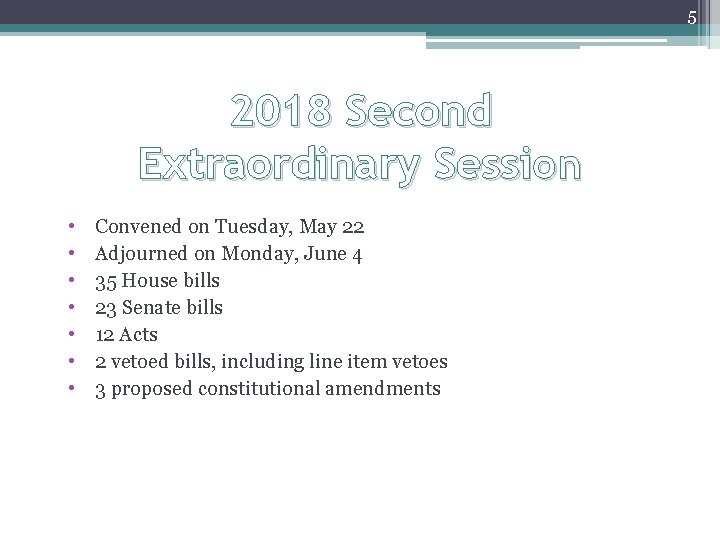 5 2018 Second Extraordinary Session • • Convened on Tuesday, May 22 Adjourned on