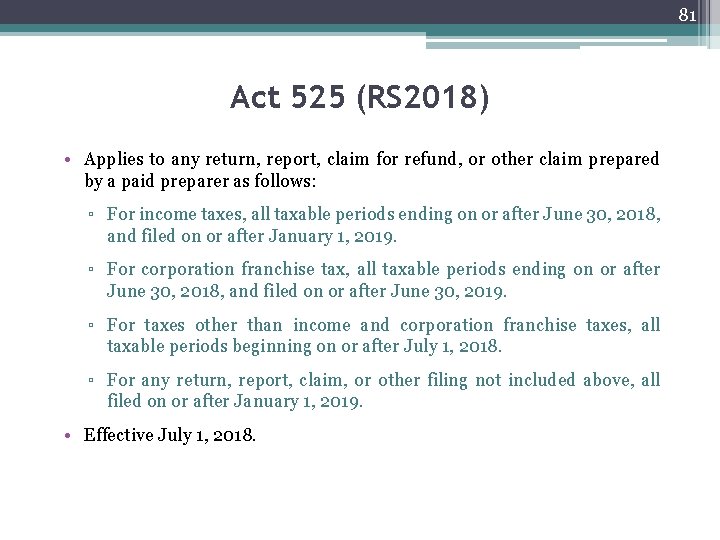 81 Act 525 (RS 2018) • Applies to any return, report, claim for refund,
