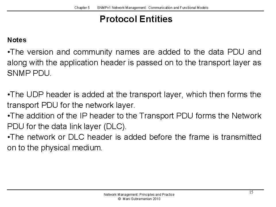 Chapter 5 SNMPv 1 Network Management: Communication and Functional Models Protocol Entities Notes • Chapter 5 SNMPv 1 Network Management: Communication and Functional Models Protocol Entities Notes •
