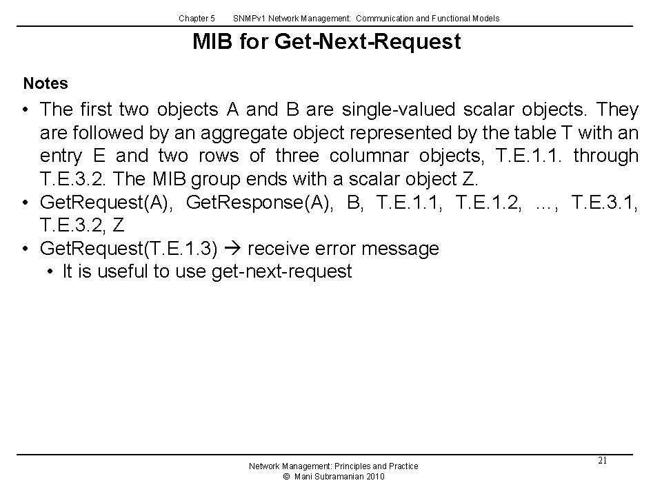 Chapter 5 SNMPv 1 Network Management: Communication and Functional Models MIB for Get-Next-Request Notes Chapter 5 SNMPv 1 Network Management: Communication and Functional Models MIB for Get-Next-Request Notes