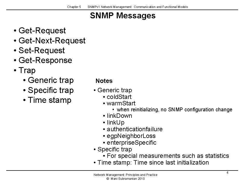 Chapter 5 SNMPv 1 Network Management: Communication and Functional Models SNMP Messages • Get-Request Chapter 5 SNMPv 1 Network Management: Communication and Functional Models SNMP Messages • Get-Request