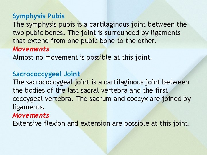 Symphysis Pubis The symphysis pubis is a cartilaginous joint between the two pubic bones.