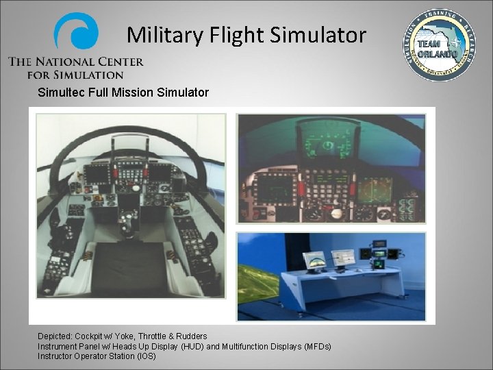 Military Flight Simulator Simultec Full Mission Simulator Depicted: Cockpit w/ Yoke, Throttle & Rudders