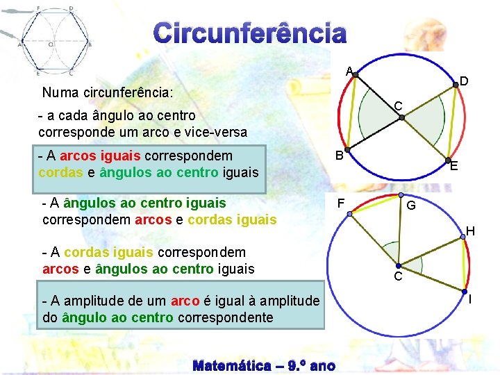 Circunferência A Numa circunferência: C - a cada ângulo ao centro corresponde um arco