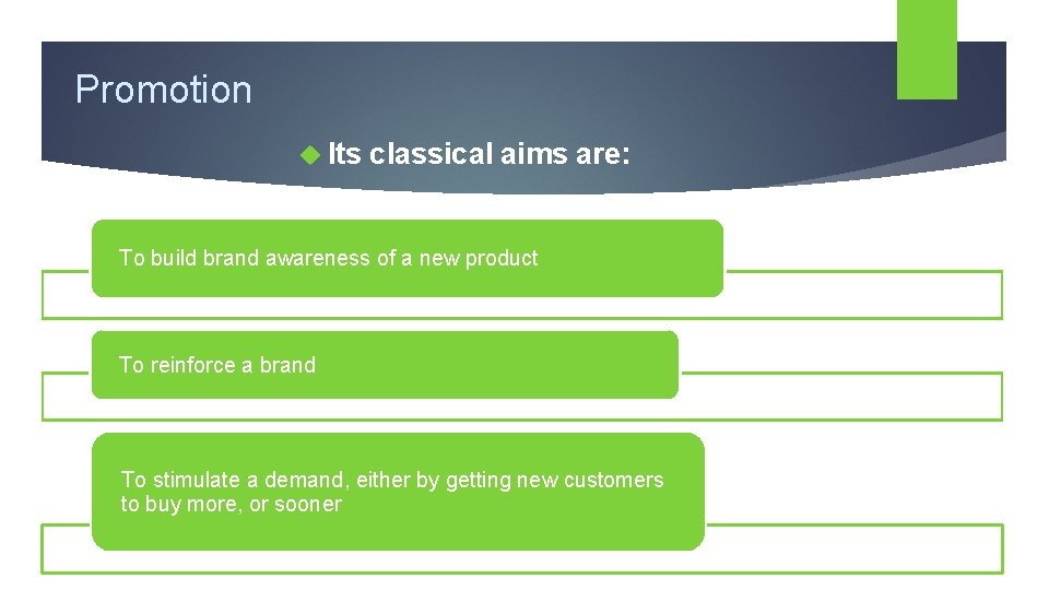 Promotion Its classical aims are: To build brand awareness of a new product To