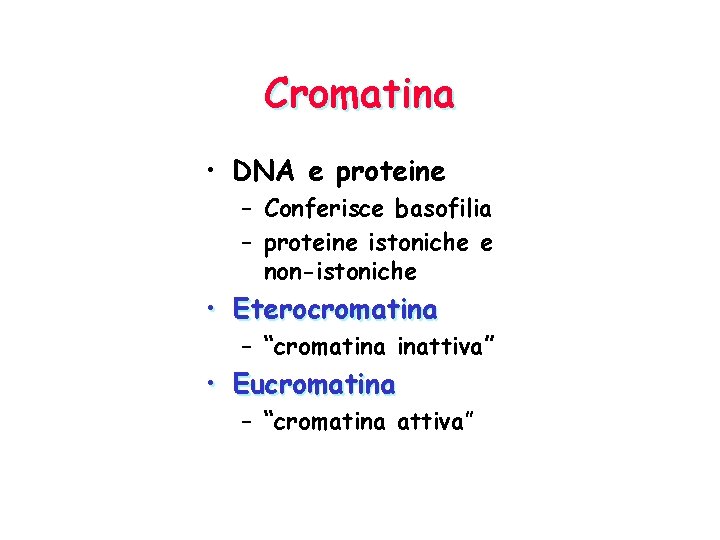Cromatina • DNA e proteine – Conferisce basofilia – proteine istoniche e non-istoniche •