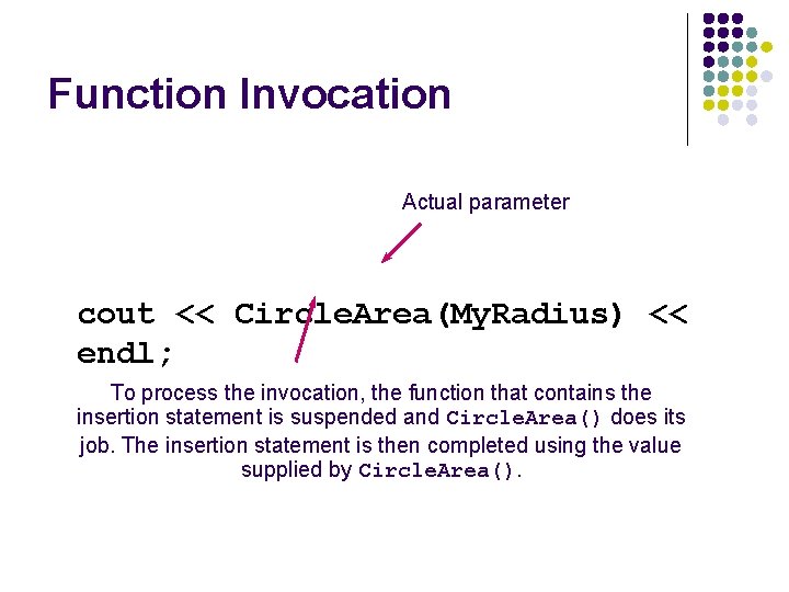 Function Invocation Actual parameter cout << Circle. Area(My. Radius) << endl; To process the