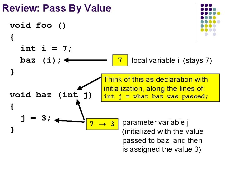 Review: Pass By Value void foo () { int i = 7; baz (i);