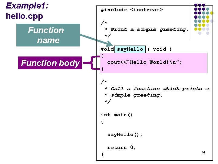 Example 1: hello. cpp Function name Function body #include <iostream> /* * Print a