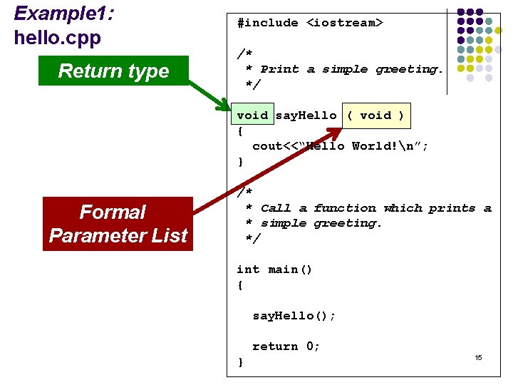 Example 1: hello. cpp Return type #include <iostream> /* * Print a simple greeting.