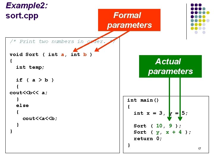 Example 2: sort. cpp Formal parameters /* Print two numbers in order. */ void