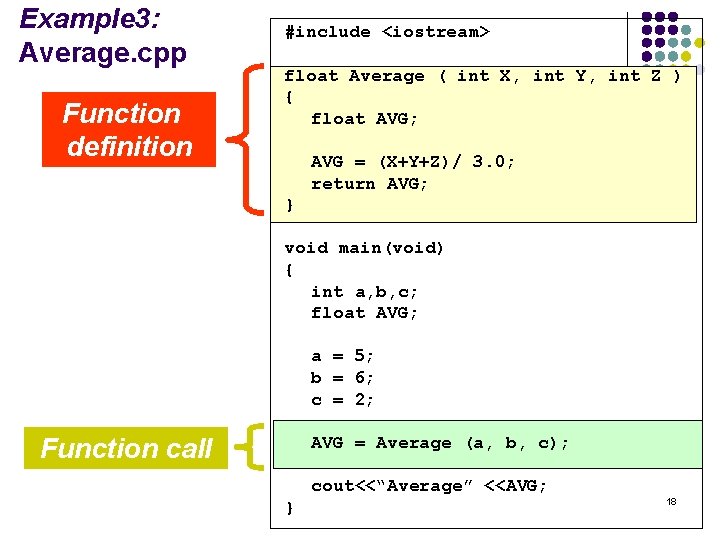 Example 3: Average. cpp Function definition #include <iostream> float Average ( int X, int